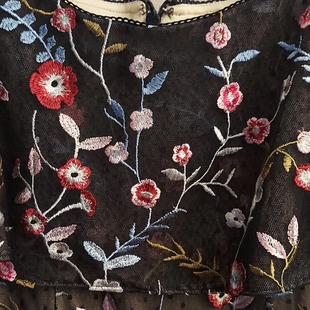 ADRIANNA PAPELL Black Floral Embroidered Tiered Fit Off-the-Shoulder Dress NEW 6 - Picture 4 of 15